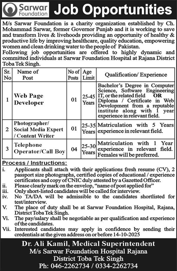 Jobs in Sarwar Foundation Toba Tek Singh